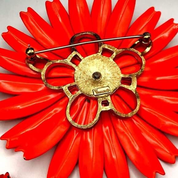 Vintage Flower Brooch & Earrings Set Orange Enamel Daisy Design 1960s Costume Je - Picture 6 of 9